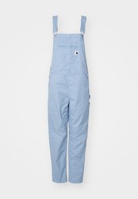 Helleblaue Baumwoll-Latzhose mit verstellbaren Schulterträgern, Seitentaschen und einer Rückentasche mit einem Logo-Label.