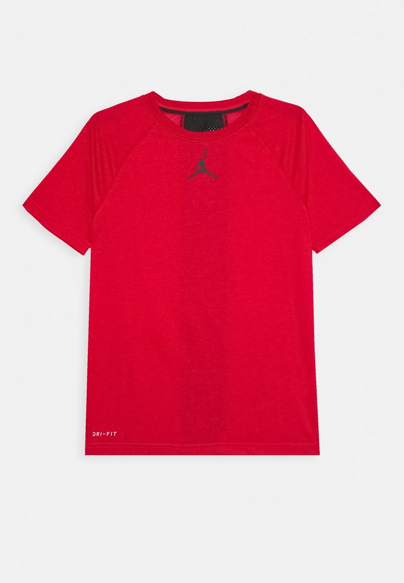 Punainen Dri-FIT T-paita lyhyillä raglan-hihalla. Rinnassa musta Jordan-logo ja verkkoyksityiskohta kauluksessa.