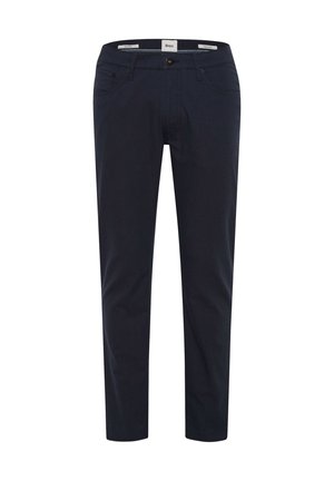 Navy blue chinos with a straight fit, made from cotton blend fabric. Features five pockets, metal button closure, and belt loops.