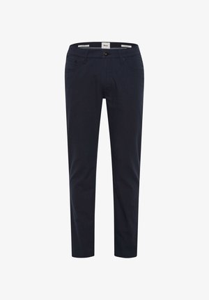 Navy blue chinos with a straight fit, made from cotton blend fabric. Features five pockets, metal button closure, and belt loops.