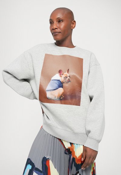 Hanorac gri cu imprimeu foto al unui Bulldog Francez îmbrăcat într-o glugă albastră. Materialul este moale, cu manșete și tiv cu dantelă.