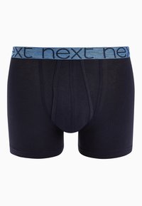 Fekete boxer alsónadrág világoskék derékkal, amelyen a "next" szó ismétlődő mintában található. Puha, rugalmas anyag, testhezálló kialakítással.