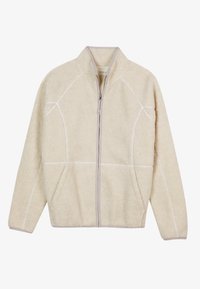 Fleece zip-up jacket in cream with textured fabric, contrasting seams, high collar, and side pockets. Lightweight and warm design.