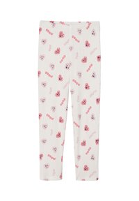White children's leggings with pink and red smiling heart faces and words like "Good," "Moow," and "Happy" printed all over.