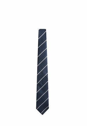 Cravate bleu foncé avec fines rayures diagonales blanches uniformément espacées sur toute la longueur.