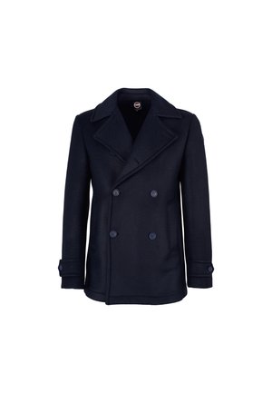 Peacoat in lana navy con design doppiopetto, ampi revers e grandi bottoni. Include tasche laterali e dettagli ai polsini.