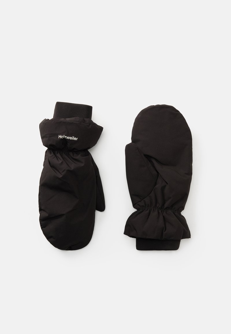 Mittens pretos acolchoados com punho canelado, apresentando franzidos elásticos à volta do pulso. O nome da marca "Holzweiler" está exibido no punho.