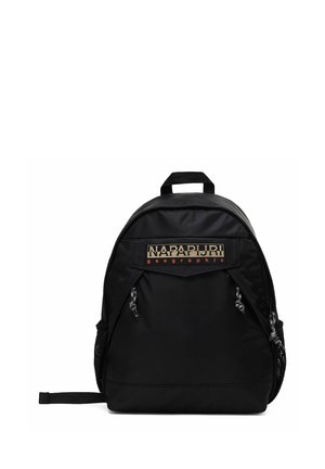Zaino Napapijri Geographic nero con tasca frontale con cerniera, tasche laterali in rete e manico superiore, su sfondo bianco.