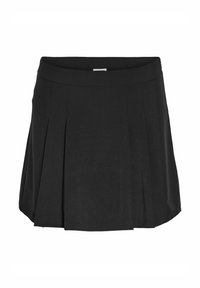 Črna plisirana krila z elastičnim pasom, ki se ponaša z gladko teksturo in razširjeno silhueto, zasnovano za udobno prileganje.