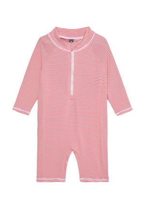 Peto de bebé de manga larga a rayas rojas y blancas con cremallera frontal y cuello alto, etiqueta de talla 80 visible en el interior del cuello.