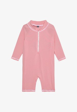 Barboteuse pour bébé à manches longues rouge et blanche à rayures, avec une fermeture éclair à l'avant et un col montant, étiquette de taille 80 visible à l'intérieur du col.