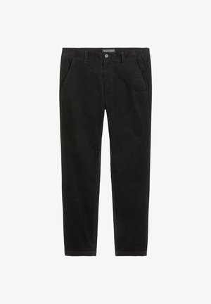 Schwarze Cordhosen mit lockerer Passform, ausgestattet mit einem elastischen Bund, zwei Fronttaschen und geraden Beinen, die eine weiche Textur bieten.