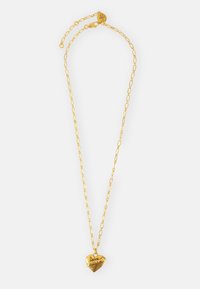 Gold necklace featuring an oval chain with a heart-shaped pendant engraved with "Love's" and "Always." Smooth texture and shiny finish.