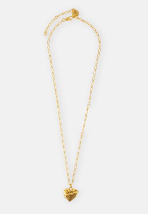 Gold necklace featuring an oval chain with a heart-shaped pendant engraved with "Love's" and "Always." Smooth texture and shiny finish.