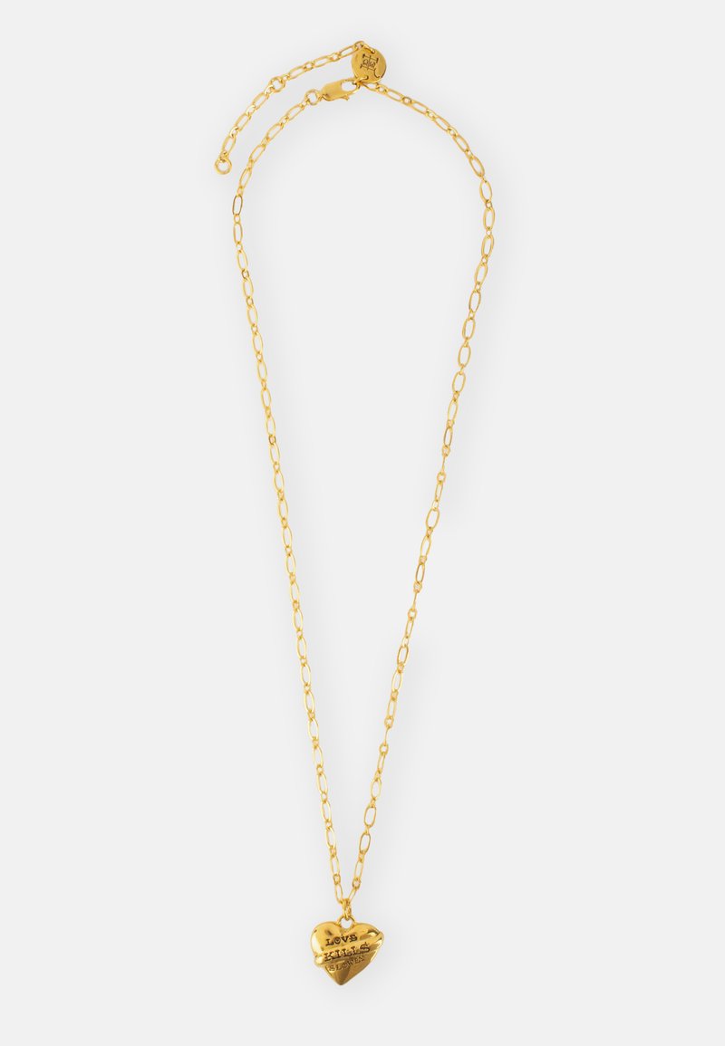 Gold necklace featuring an oval chain with a heart-shaped pendant engraved with "Love's" and "Always." Smooth texture and shiny finish.