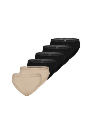 Sechs Damenunterhosen mit Spitzenbund, vorne zwei beige Paare, gefolgt von vier schwarzen, diagonal angeordnet.