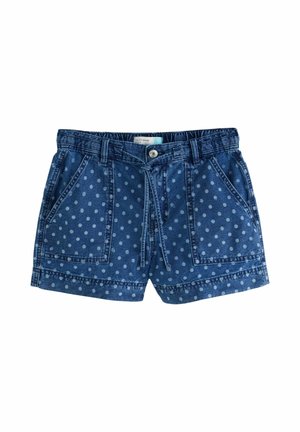 Blå denimshorts med lyseblå polkapricker, store frontlommer, bæltestropper, snøre og knaplukning.
