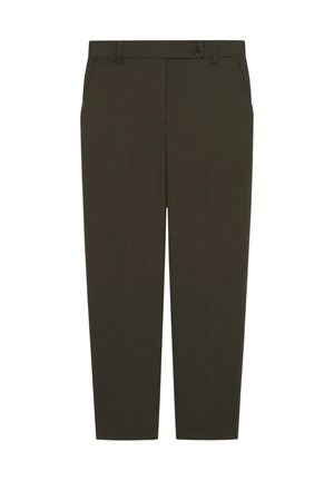 Pantalons ajustés vert olive foncé, en tissu lisse. Dotés d'une fermeture à bouton, de passants de ceinture et de poches latérales. Design à jambes droites.