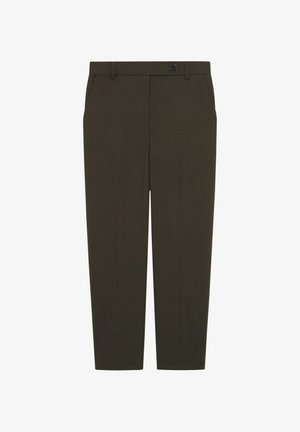 Pantalons ajustés vert olive foncé, en tissu lisse. Dotés d'une fermeture à bouton, de passants de ceinture et de poches latérales. Design à jambes droites.