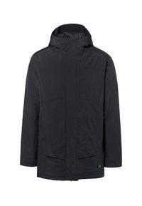 Giacca nera impermeabile con colletto alto, chiusura con zip davanti e due tasche anteriori. Presenta un logo discreto e un'etichetta di accento verde all'orlo.