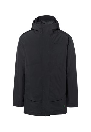 Schwarze wasserdichte Jacke mit hohem Kragen, Reißverschluss vorne und zwei Fronttaschen. Mit einem dezenten Logo und einem grünen Akzentanhänger am Saum.