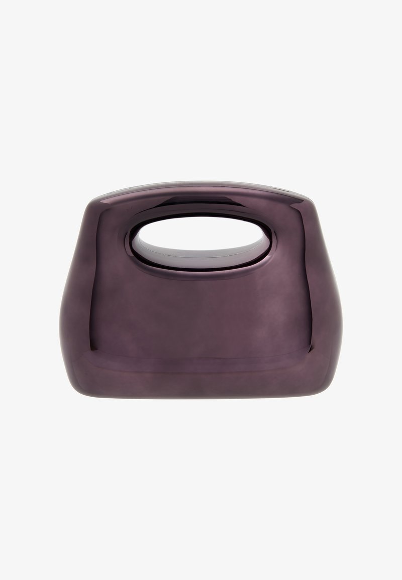 Fioletowy ceramiczny obiekt w kształcie torby z gładką, błyszczącą powierzchnią i prostokątnym uchwytem wyciętym w kształcie. Prosty, nowoczesny design.