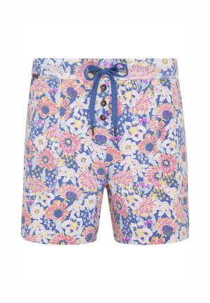 Blomstrede badebukser med en blå bund og mønstre af pink og hvide blomster, elastisk talje, og en snor med knapdetaljer.