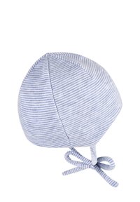 Striped cotton baby bonnet in light blue and white, featuring a pointed top and ties at the base for securing under the chin.
