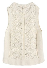 Kremowy, bezrękawnik z dzianiny, wykonany z organicznej bawełny, z teksturowanym wzorem w romby oraz prążkowanym wykończeniem przy dekolcie i na dole.