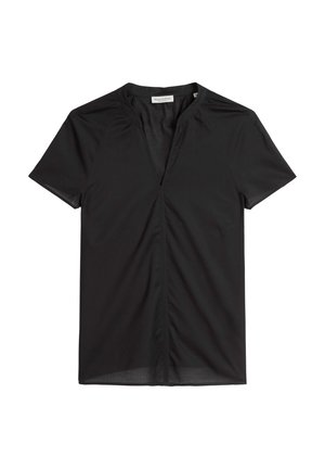 Black short-sleeve blouse with a V-neck and gathering at the shoulders, featuring a smooth, lightweight fabric and a straight hem.