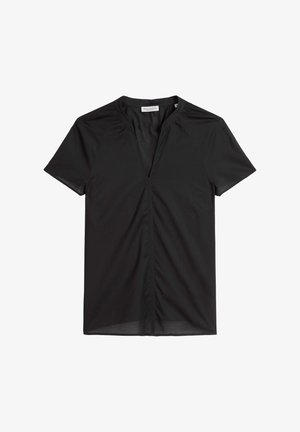 Black short-sleeve blouse with a V-neck and gathering at the shoulders, featuring a smooth, lightweight fabric and a straight hem.