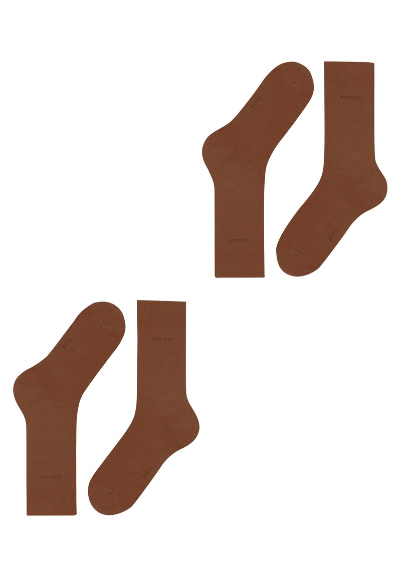 Braune Baumwollsocken mit glatter Textur, verstärktem Fersen- und Zehenbereich sowie subtiler Markenkennzeichnung in einem helleren Farbton. Zwei Paare sind abgebildet.