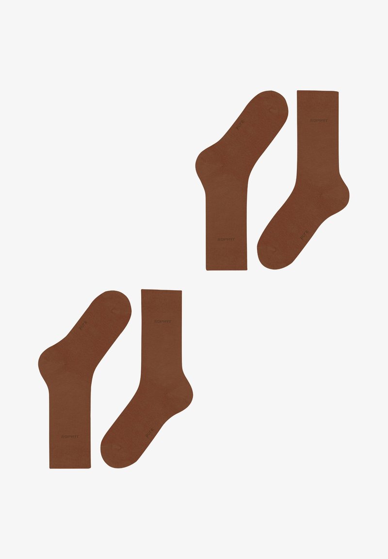Braune Baumwollsocken mit glatter Textur, verstärktem Fersen- und Zehenbereich sowie subtiler Markenkennzeichnung in einem helleren Farbton. Zwei Paare sind abgebildet.