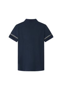 Navy koszulka polo z krótkim rękawem, z klasycznym kołnierzykiem. Akcenty obejmują złote paski na rękawach oraz logo na prawym rękawie.