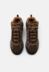 Brązowe buty trekkingowe wykonane z siateczkowych i zamszowych materiałów, z czarnymi akcentami, brązowymi sznurówkami i teksturowaną podeszwą. Logo Columbia na języku.