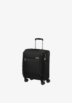 Valigia trolley soft-shell nera con manico telescopico, tasca anteriore con cerniera, serratura laterale e quattro ruote doppie girevoli.