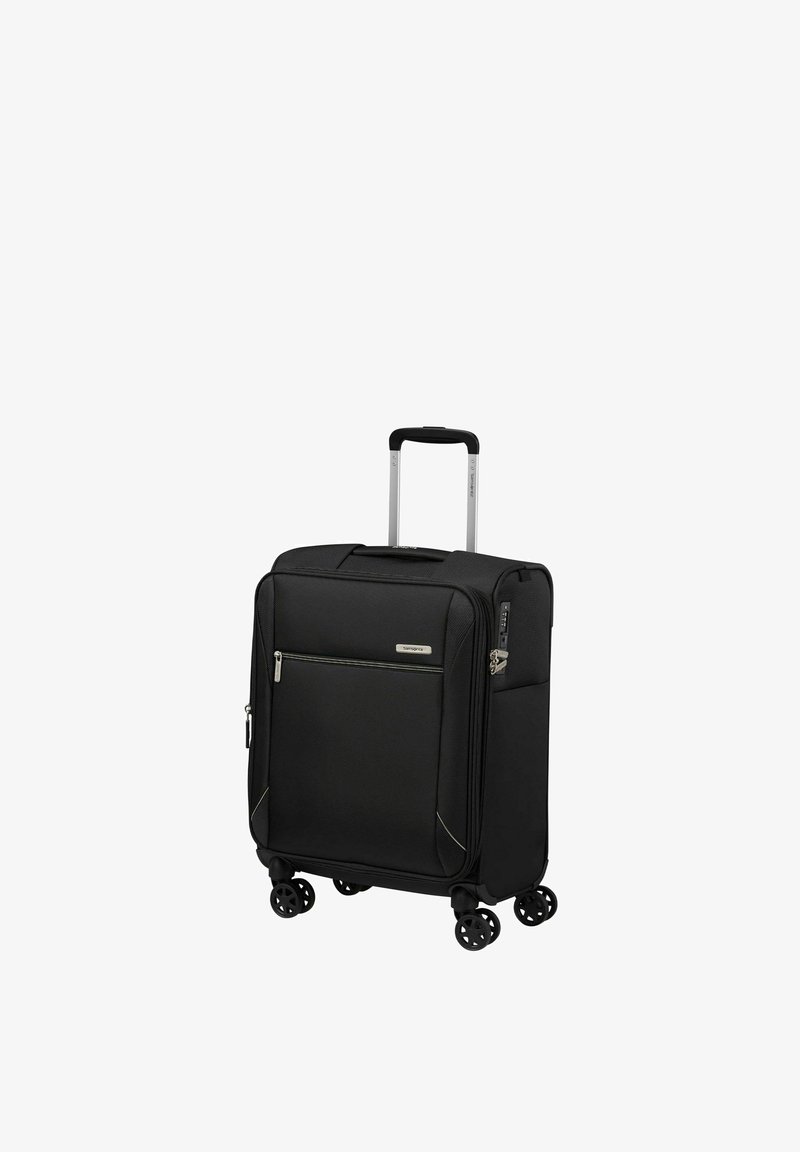 Valigia trolley soft-shell nera con manico telescopico, tasca anteriore con cerniera, serratura laterale e quattro ruote doppie girevoli.