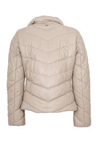 Beige Leder-Pufferjacke mit einem Zickzack-Karomuster, Stehkragen und langen Ärmeln. Sie verfügt über eine glatte Textur und eine figurbetonte Silhouette.