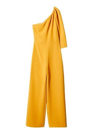 One-shoulder jumpsuit in bright yellow fabric, featuring a single long sleeve, wide legs, and a structured bodice with slight draping.