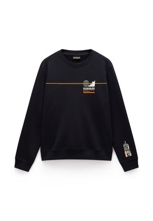 Zwarte sweatshirt gemaakt van een katoenmix, met een ronde halslijn, lange mouwen en een grafische print met gele accenten op de voorkant en mouw.
