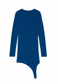 Langärmliges Kleid aus geripptem Stoff, tiefblaue Farbe, asymmetrischer Saum, mit rundem Ausschnitt und figurbetontem Schnitt.