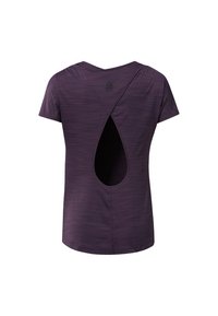 Lila atletisk topp med korta ärmar, som har en rundad halsringning och en utskärning på baksidan. Tillverkad av ett texturerat, fukttransporterande material.