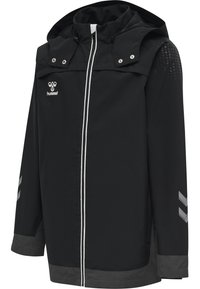 Veste coupe-vent noire avec capuche, fermeture éclair blanche, accents réfléchissants et texture à pois sur les épaules. Présente un logo sur la poitrine et des rayures sur les manches.