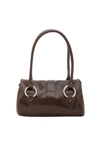 Borsa in pelle marrone con forma arrotondata, due manici e dettagli in metallo dorato. Caratterizzata da cuciture decorative e anelli laterali.