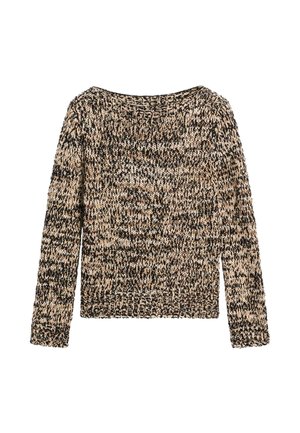 Pull en maille épaisse à manches longues en fil beige et noir chiné, avec un col rond et des poignets et ourlet côtelés.