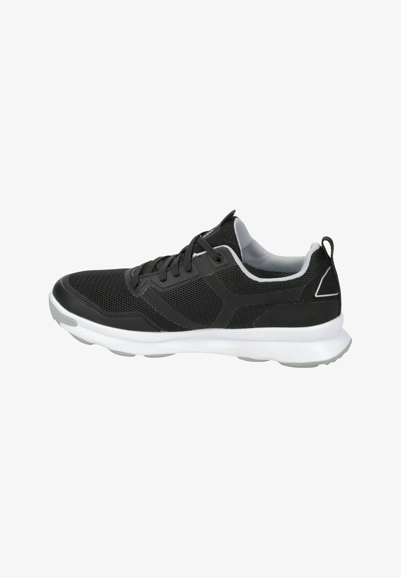 Chaussures de sport noires en tissu en maille, semelle en caoutchouc et accents gris. Présentent un bout arrondi, des lacets et un design profil bas.