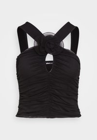 Zwarte haltertop met geplooid ontwerp, brede bandjes en een centrale bloemaccent. Textuurstof met een semi-doorzichtige overlay. Achterkant met sleufdetail.