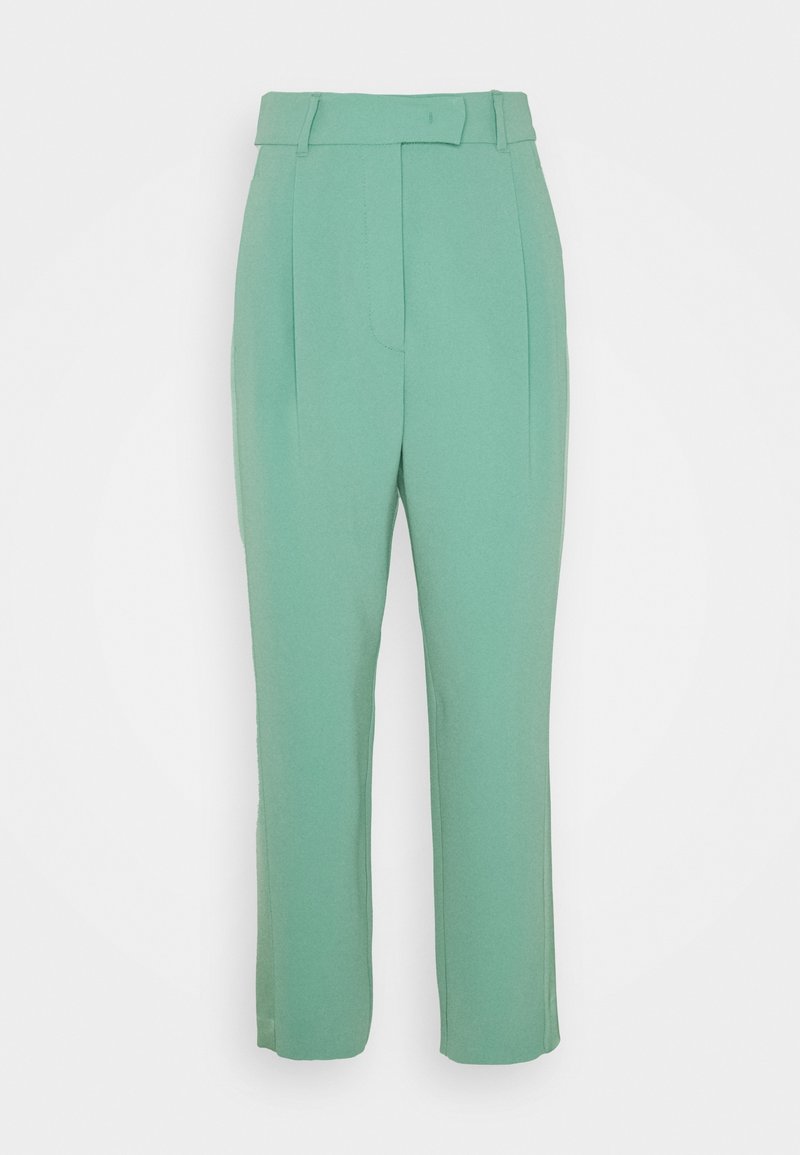 Mintgröna skräddarsydda byxor med rak benstil, med bälteshällor och framfållar för en strukturerad design.