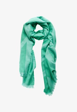 Écharpe turquoise en tissu doux, présentant un motif géométrique subtil et des bords bruts. Légère avec un design drapé.