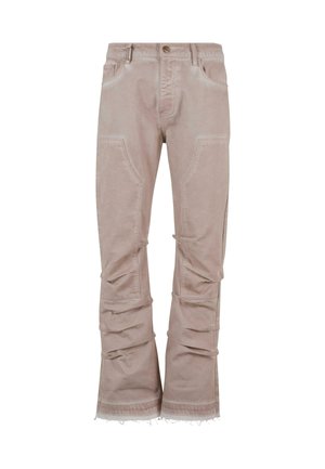 Lys beige corduroy bukser med en afslappet pasform, der har store frontlommer, sidelægning og frynsede kanter for et struktureret look.